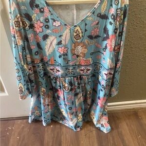 Floral V-Neck Blouse in Blue and Pink